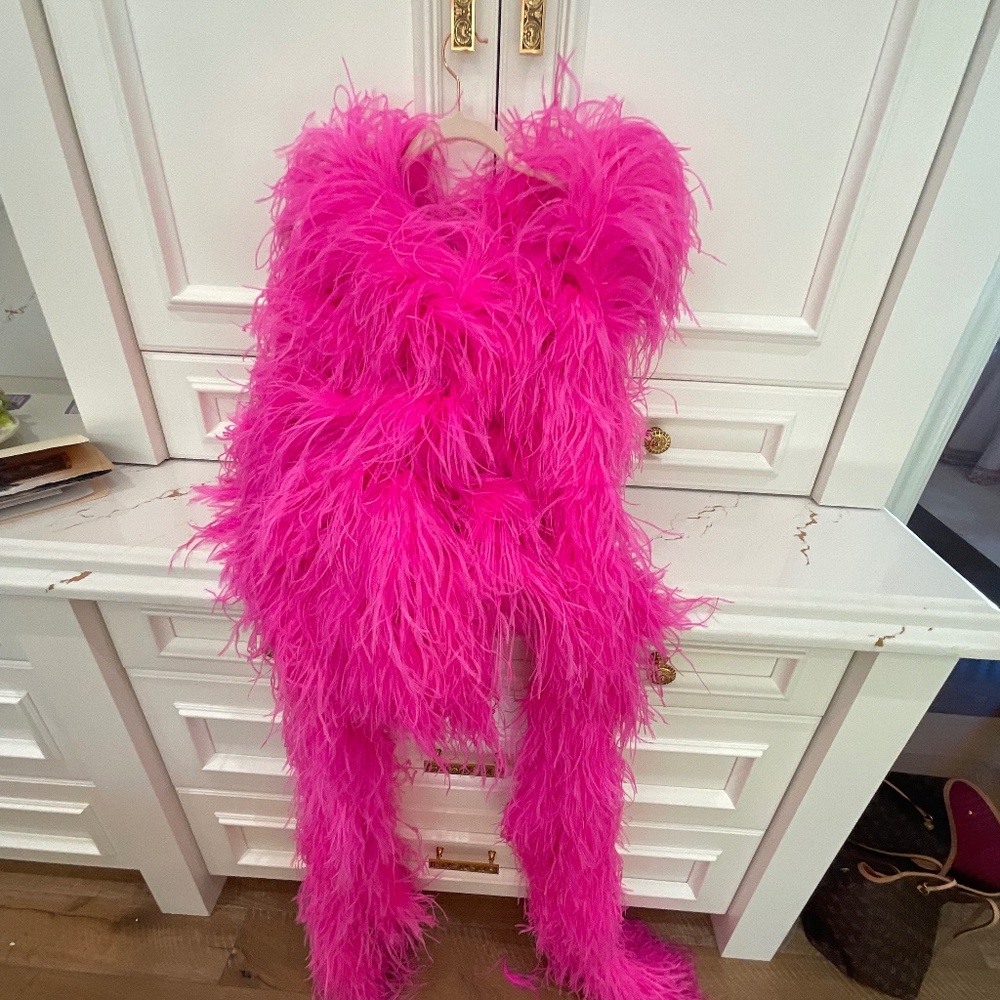 Hot pink feathered mini dress with four tails